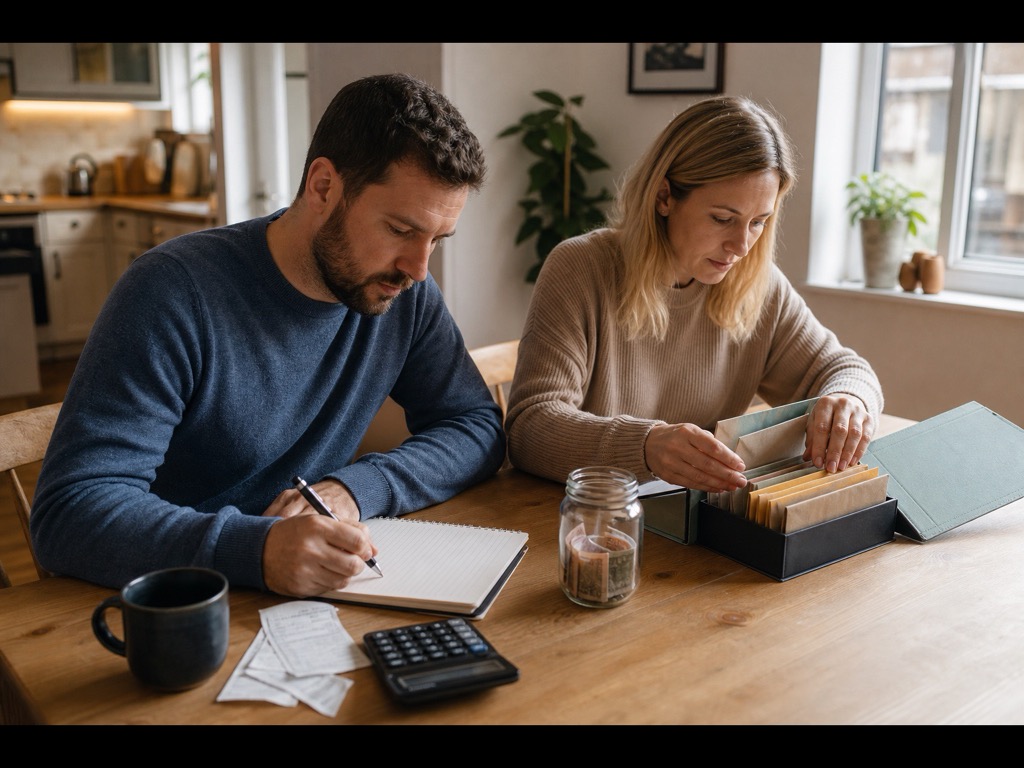 Couple building a flexible household budget with envelopes and a buffer