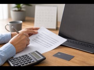 Hands reviewing a statement before paying the credit card balance in full