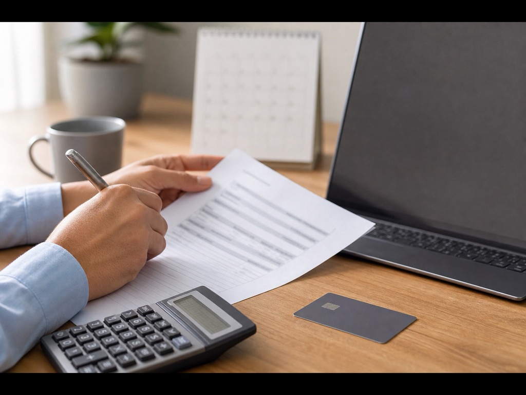 Hands reviewing a statement before paying the credit card balance in full