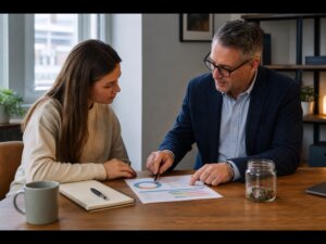 Beginner reviewing a diversified investment plan with an adviser