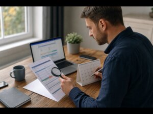 Person reviewing a credit report and scheduling an on-time payment