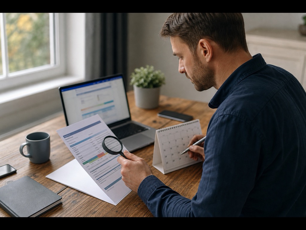 Person reviewing a credit report and scheduling an on-time payment