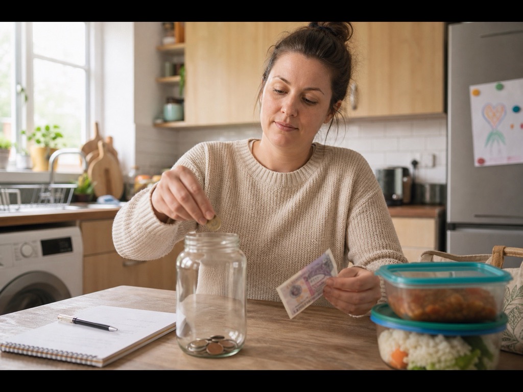 Person building small savings beside a low-cost weekly meal plan